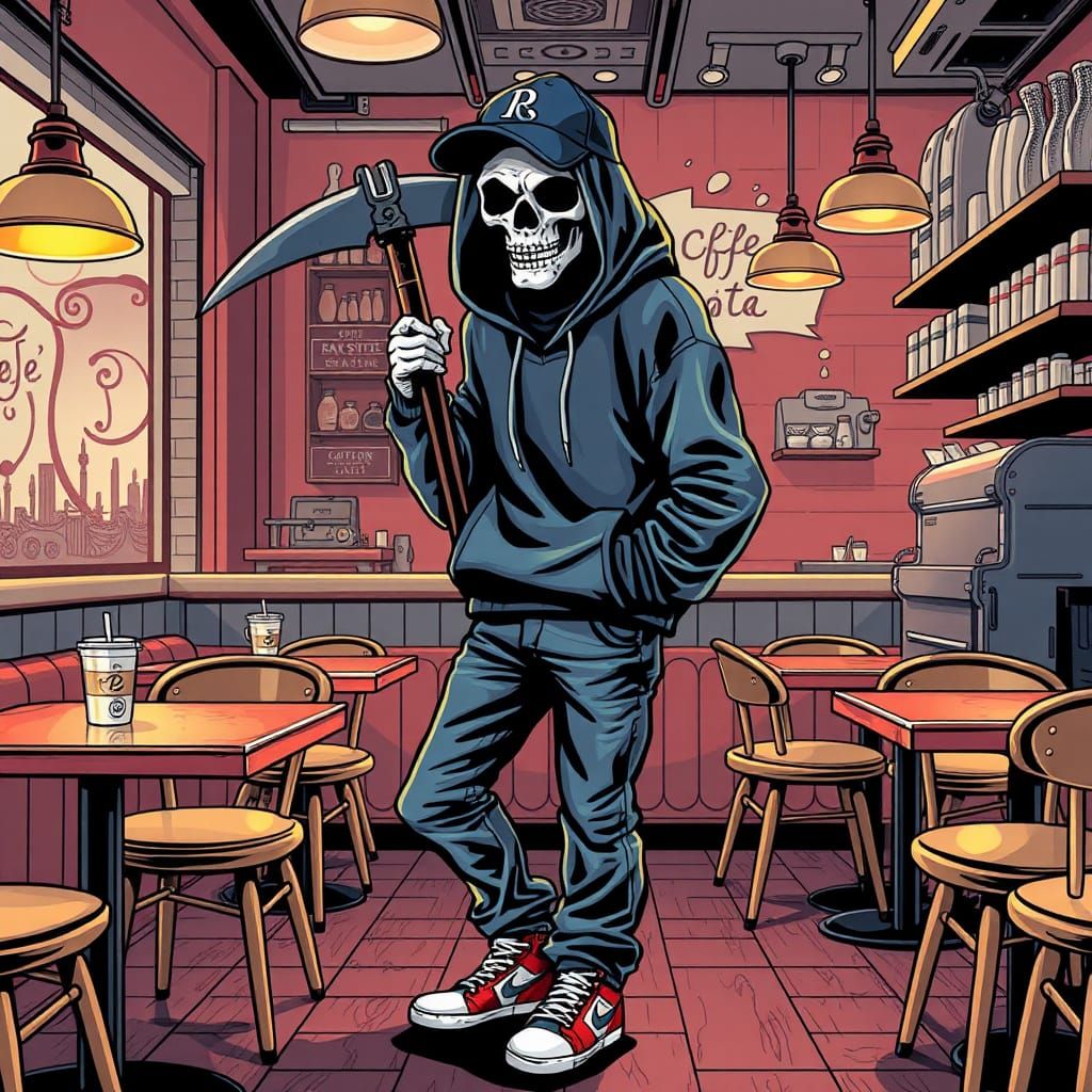 Grim Reaper on a Blind Date in Comic Style