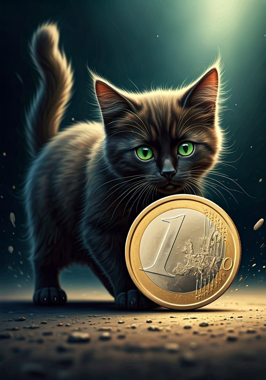 Sleek Black Cat Rolls Minted Coin in Whirling Watercolor Dre...