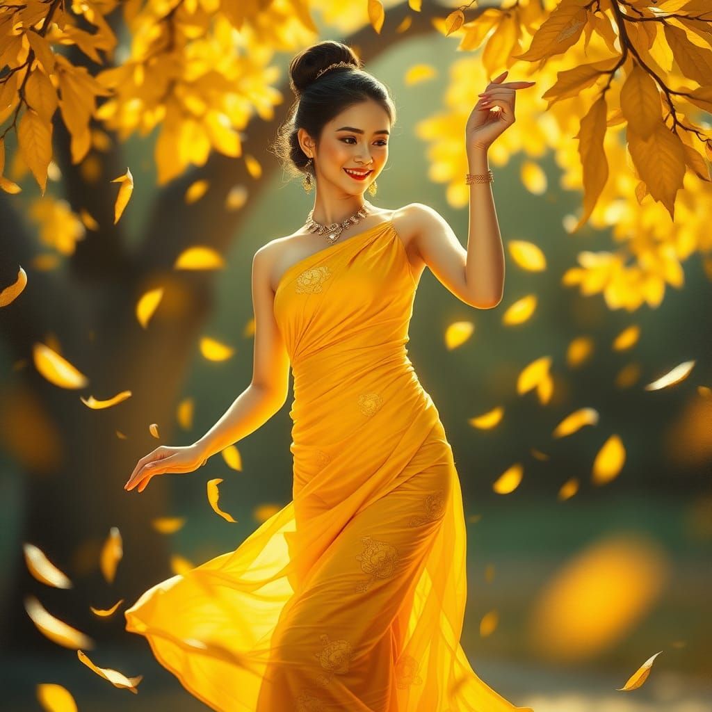 Woman in Golden Thai Dress Dancing in Autumn Leaves
