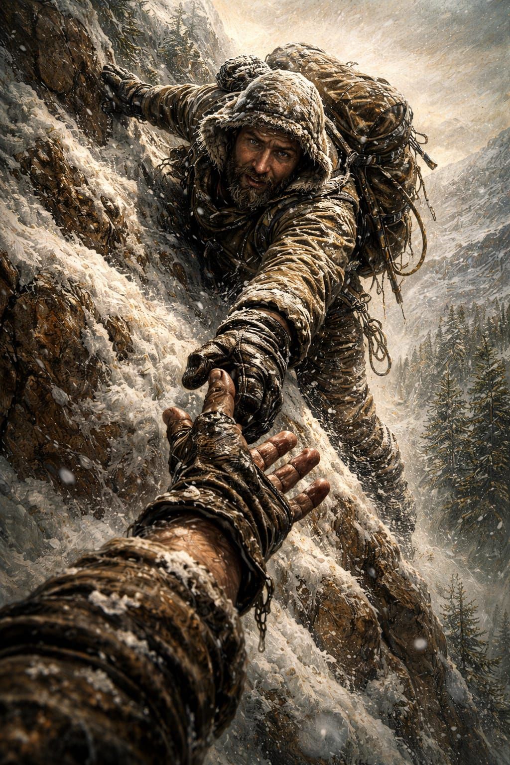 First Person Mountain Rescue in Dramatic Oil Painting Style