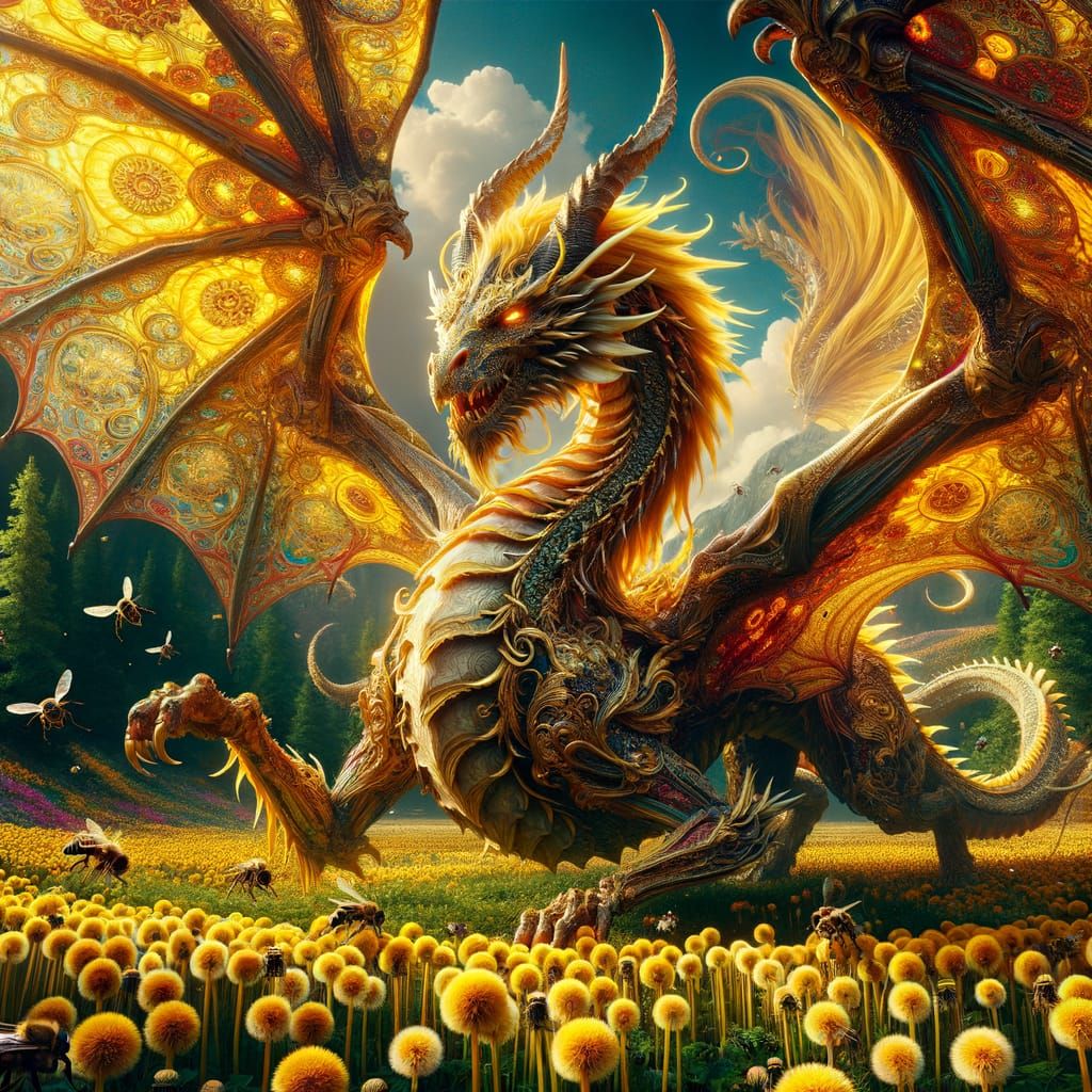 Golden Dragon Over Dandelion Field in Cinematic Lighting