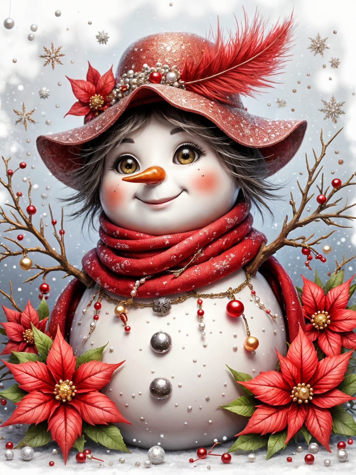 Shimmering Snowman with Jewels and Lace Scarf