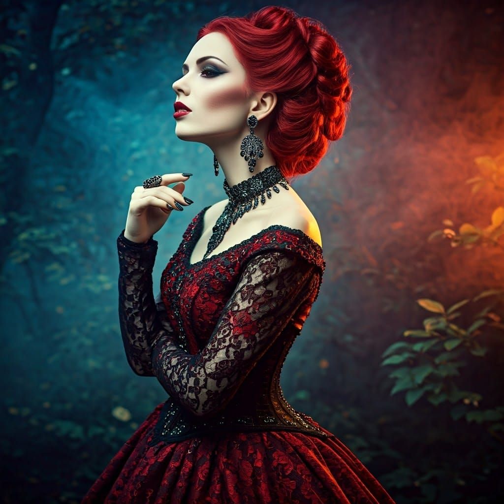 Gothic Victorian Woman in Misty Forest