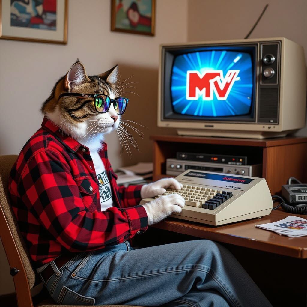 Gen X Cat Typing on Commodore 64 in Retrowave Style