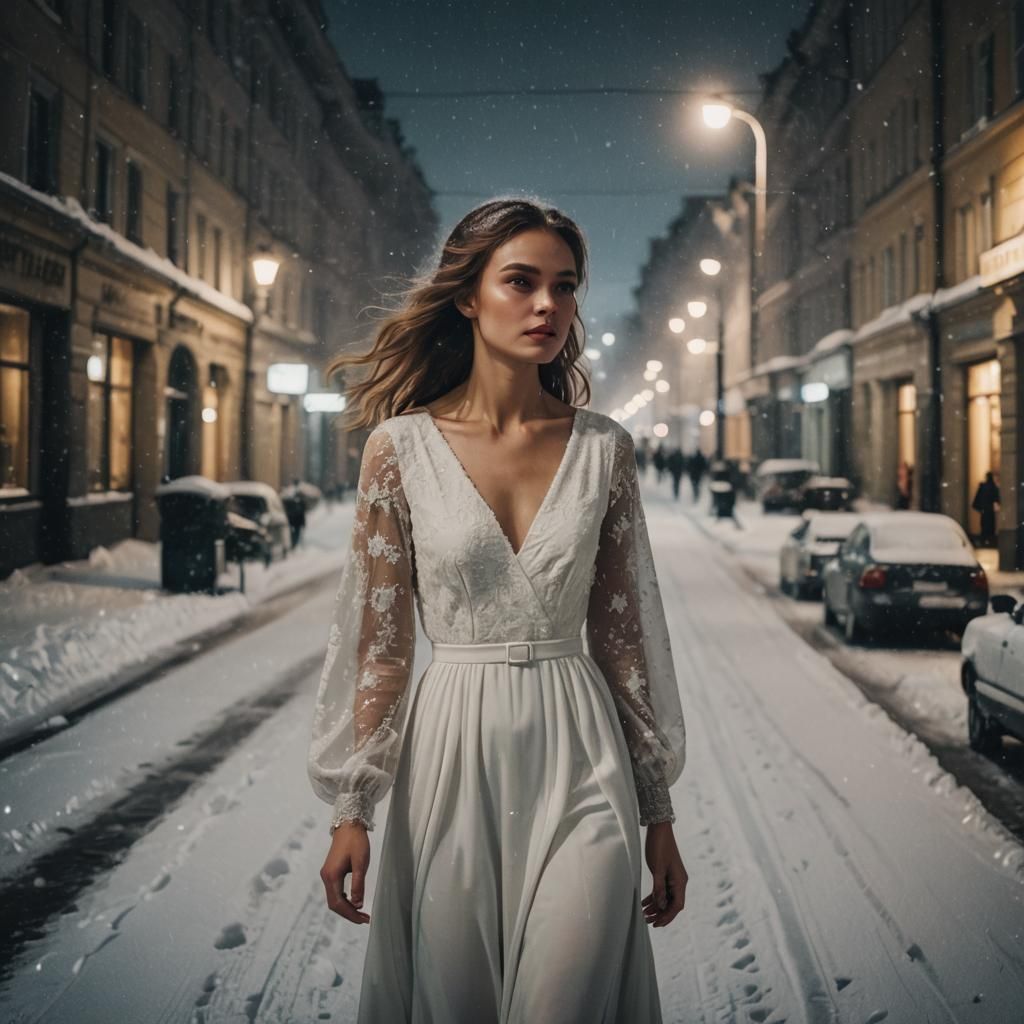 Beautiful Woman in White Dress, Snowy St. Petersburg