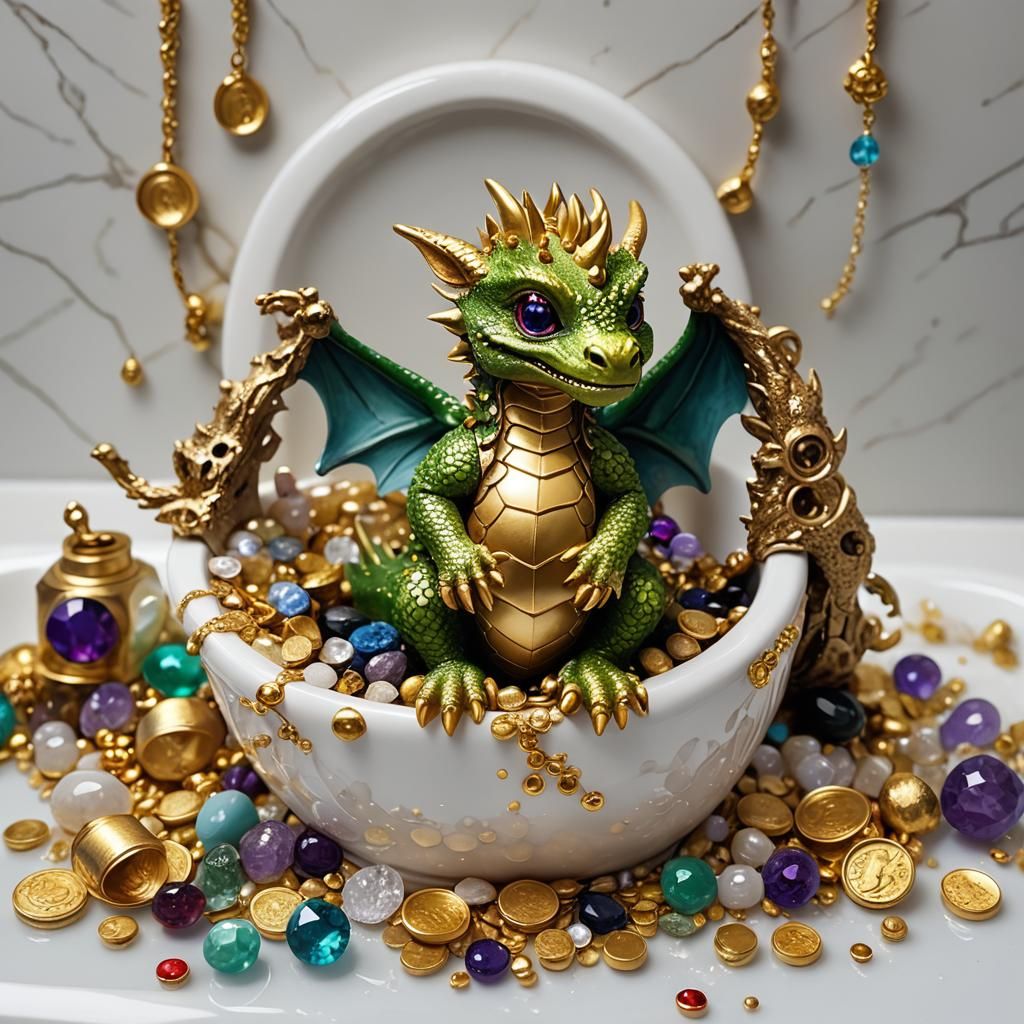 Cute Baby Dragon Bathtub Filled with Treasure