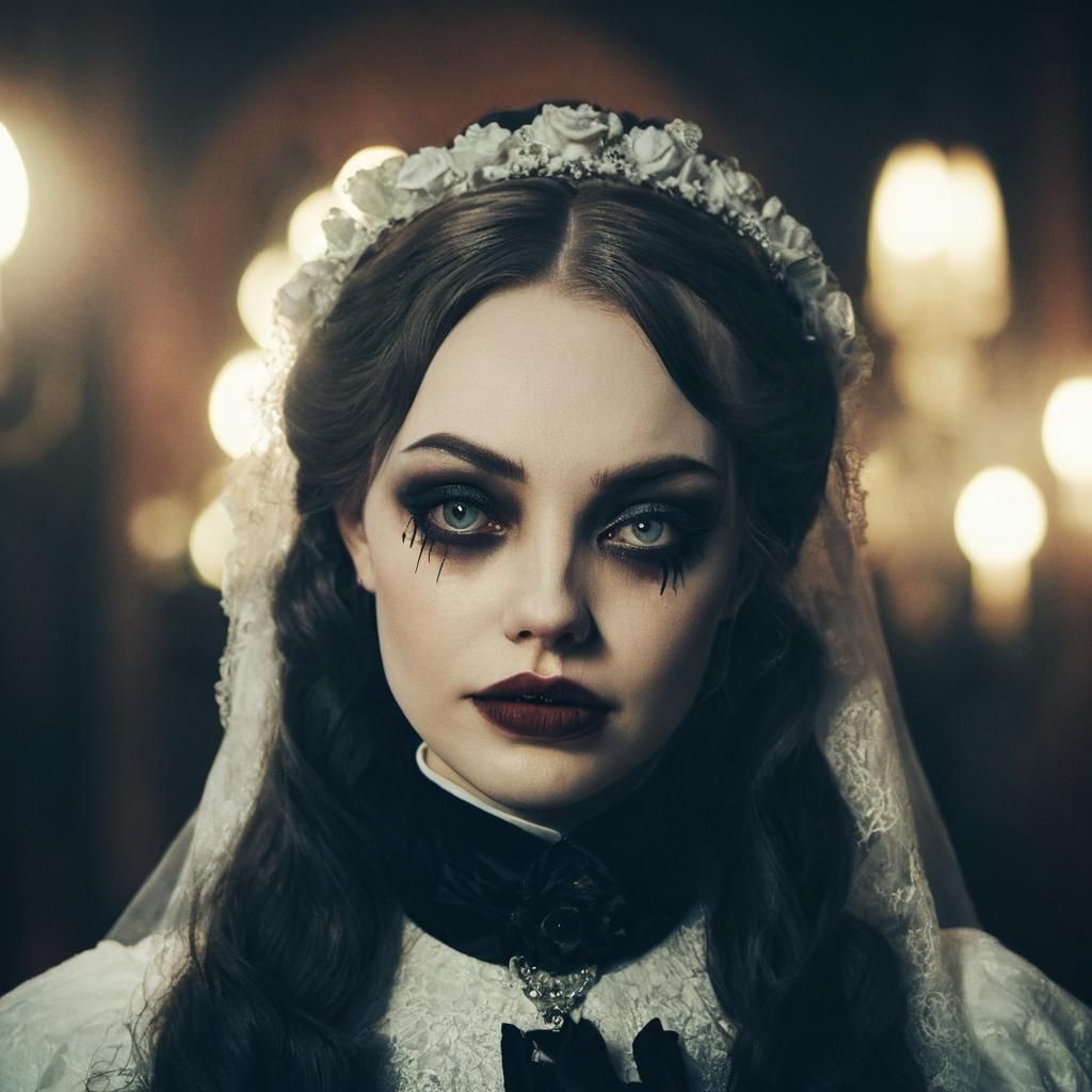 Gothic Vampire Bride in Dark Ballroom, Cinematic Portrait