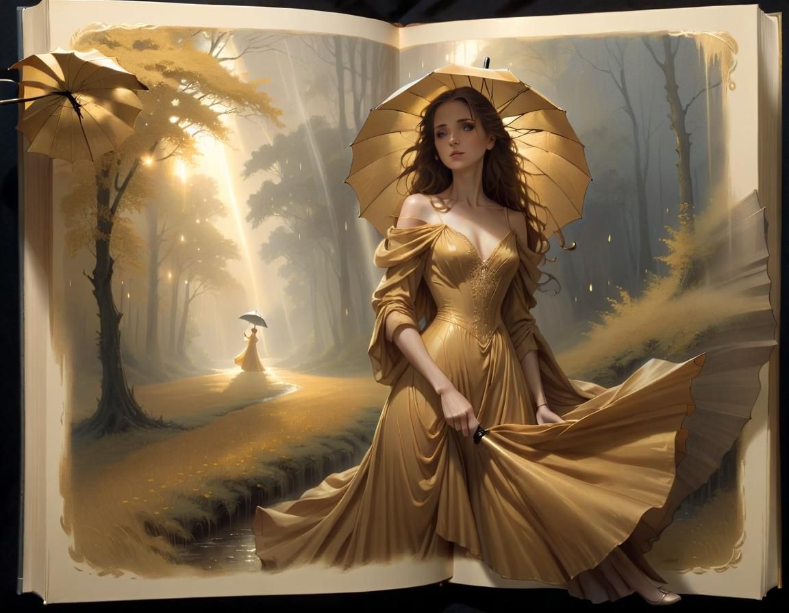 Woman Emerges from Book with Umbrella