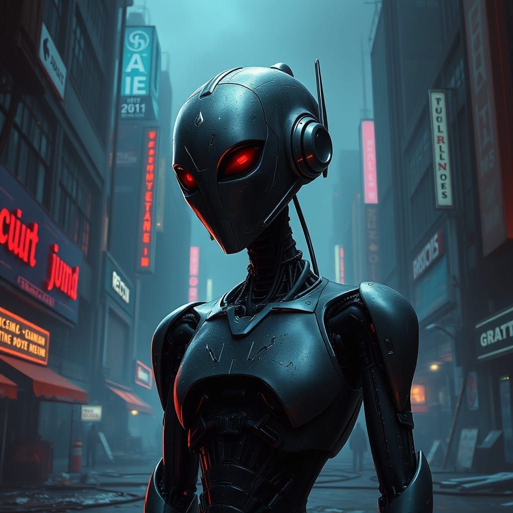 Android Being in Dystopian Cityscape Artwork