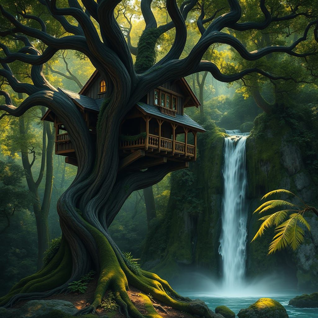 Majestic Treehouse in a Vibrant Forest Wonderland
