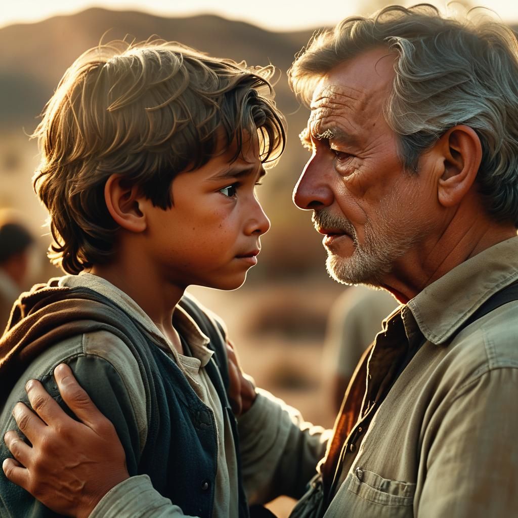 Father and Son Embrace Amidst Destruction: Cinematic Still