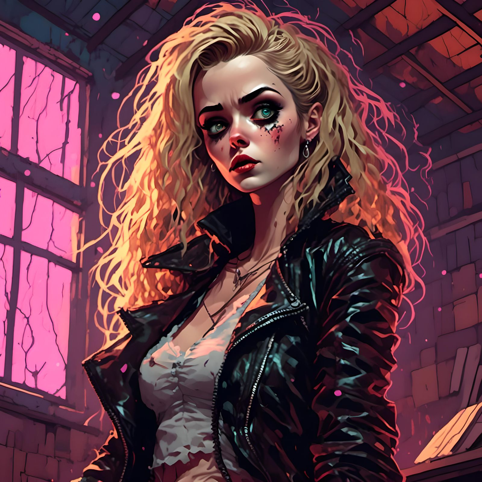 Big-Eyed Woman in Fishnets in Attic Bedroom