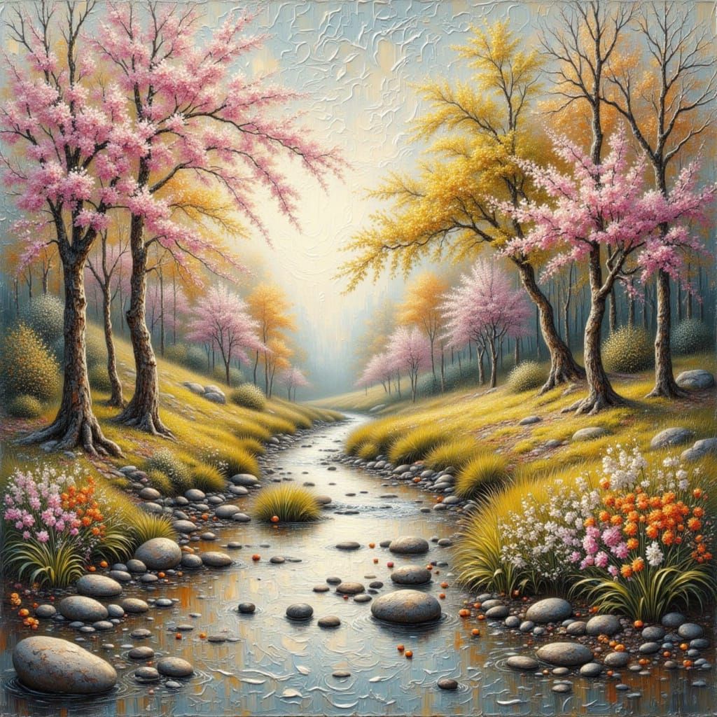 Neo-Impressionist Springtime Forest with Gentle Stream