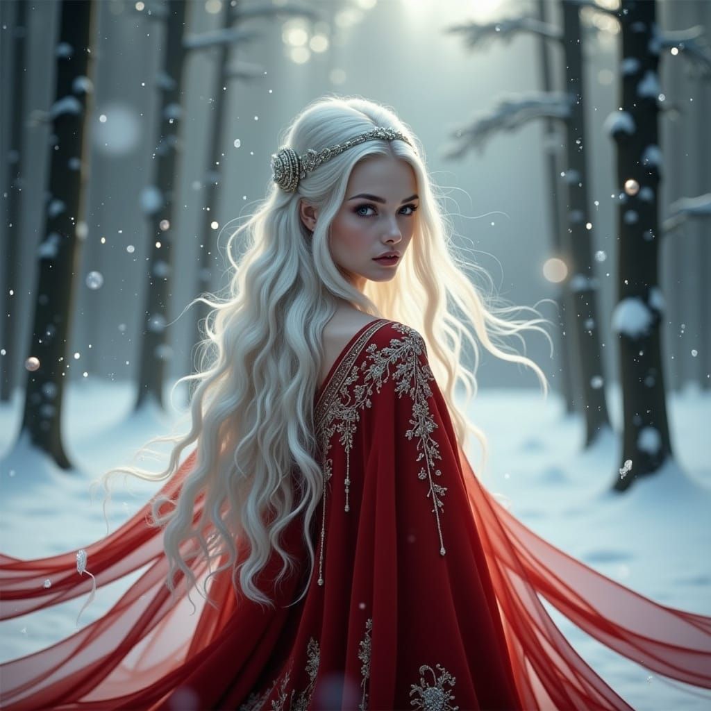 Ethereal Nordic Goddess in Snowy Forest