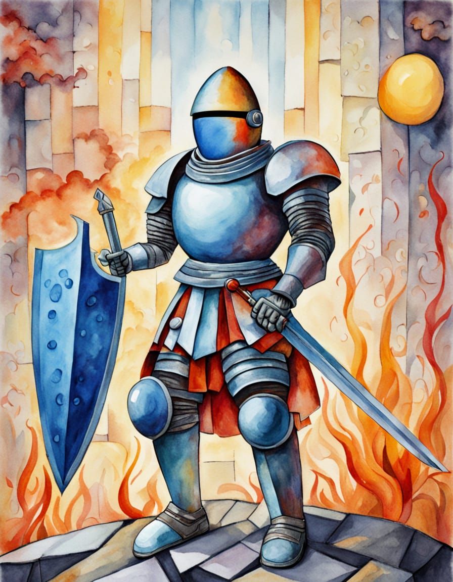 Space Knight in Vibrant, Cubist Flame Sword Atmosphere