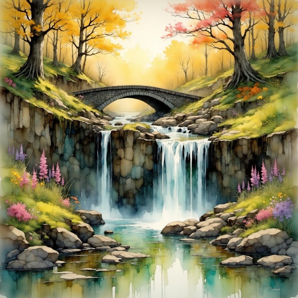 Whimsical Waterfall Scene with Rustic Bridge in Oil and Ink ...