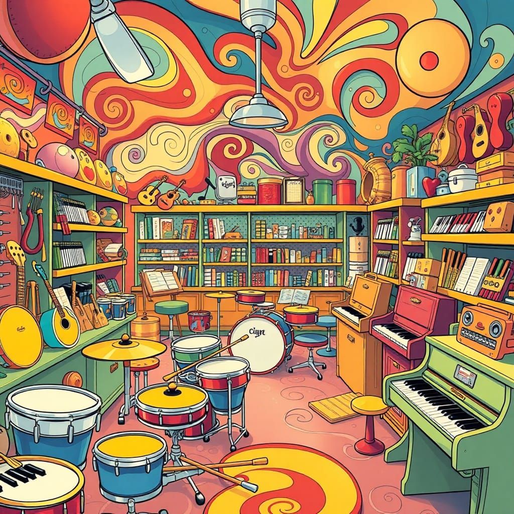 Colorful Children's Music Store in Comic Book Style