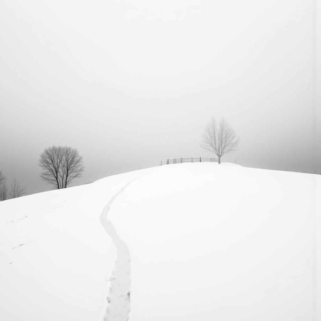 Monochrome Winter Landscape with Wooden Fence