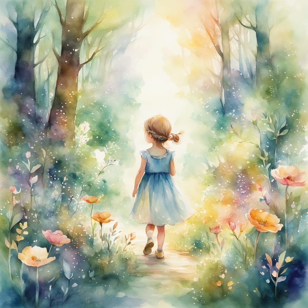 Watercolor Kid in Dreamy Forest Landscape