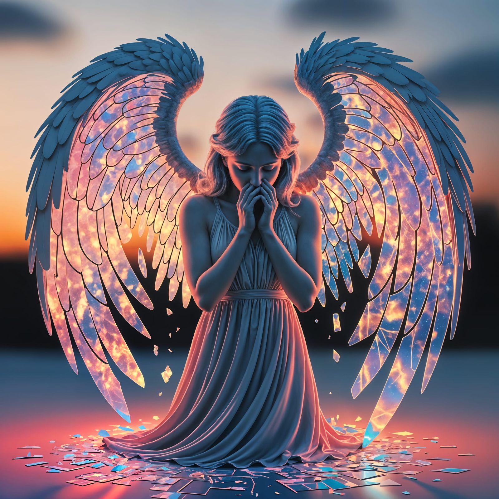 Sorrowful Angel with Shattered Iridescent Wings