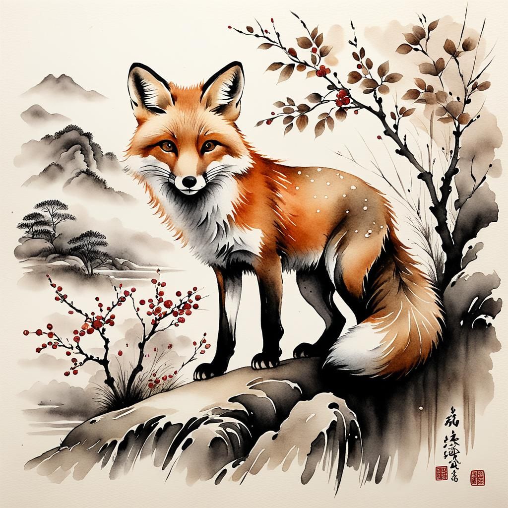 Fox in Korean Ink Wash Painting on Mulberry Paper