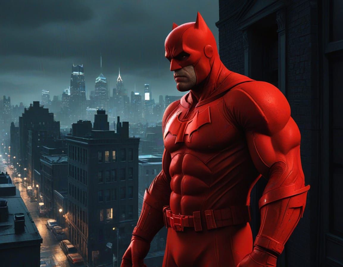 Dark Knight Inspired Daredevil Standing Beside a Gargoyle
