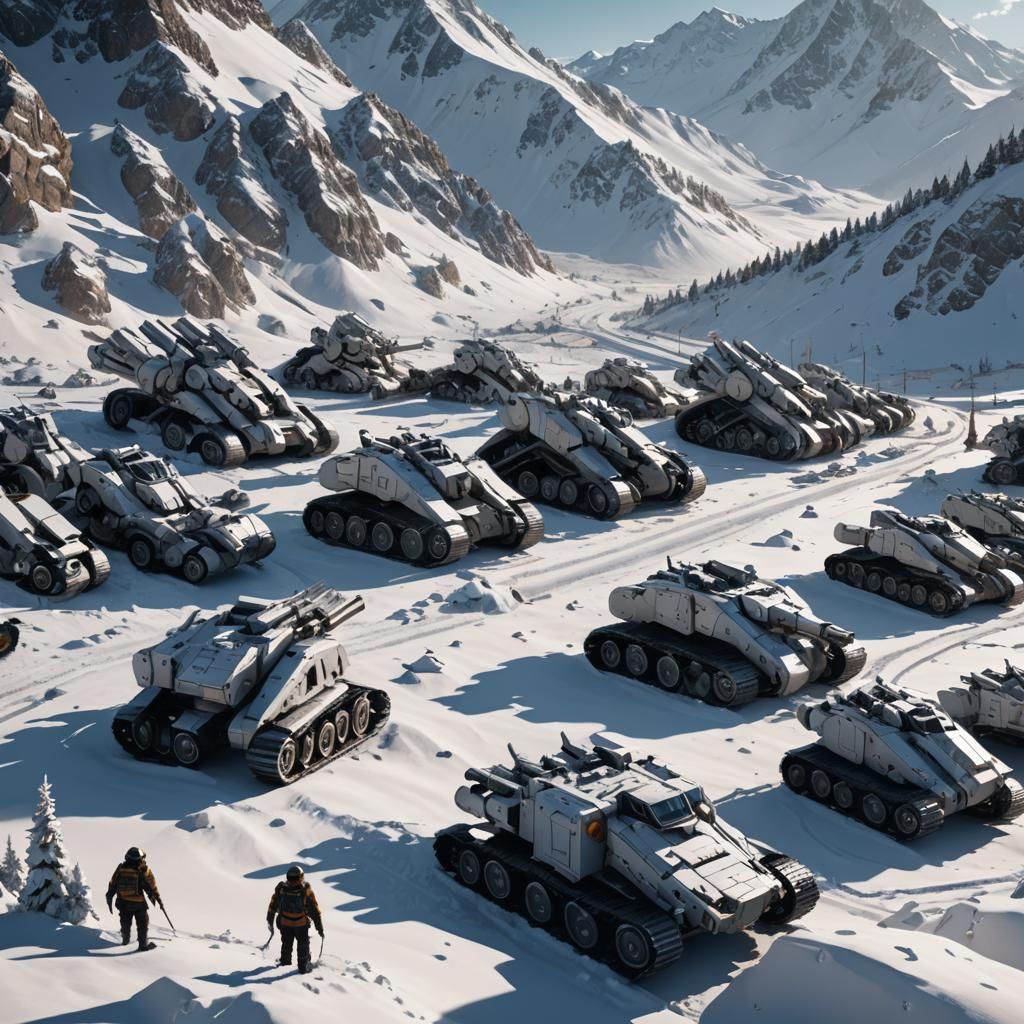 Futuristic Howitzer Army Deployed in Snowy Mountains