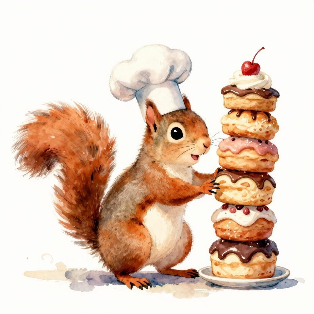Playful Squirrel Baker With Pastry Tower in Watercolor