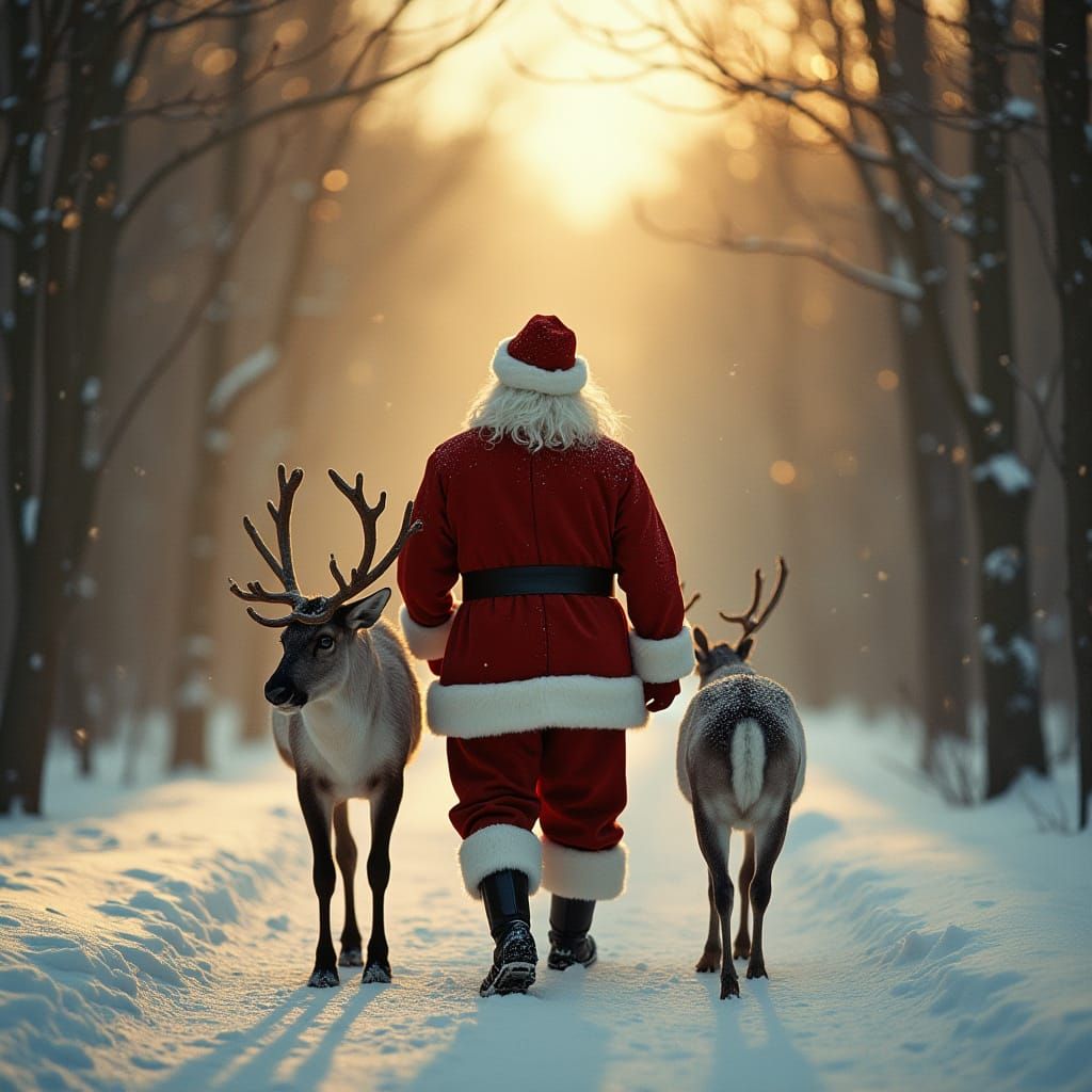 Santa and Reindeer Walk in Snowy Forest with Golden Light
