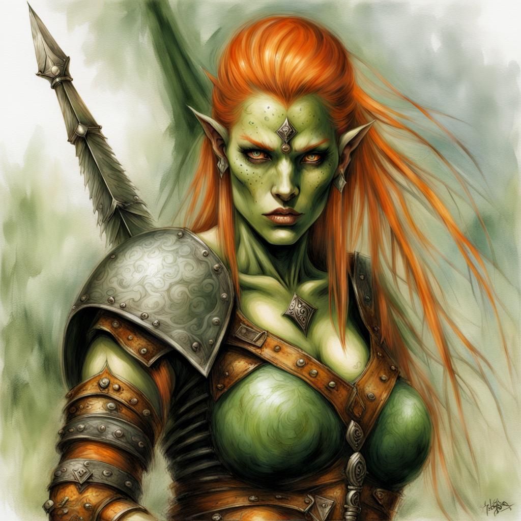 Green-Skinned Elf-Orc Warrior in Fantasy Art Style