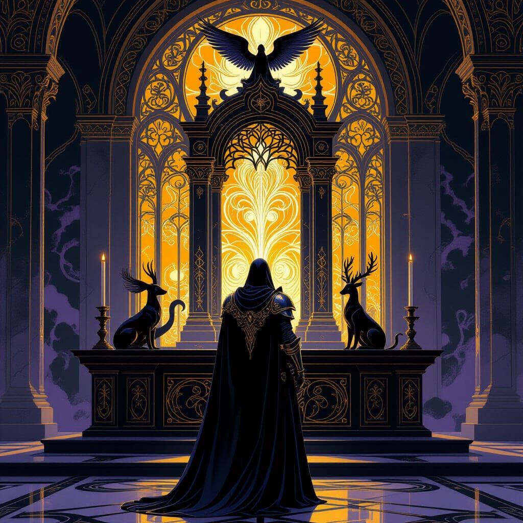 Mystical Knight at Altar in Golden Light