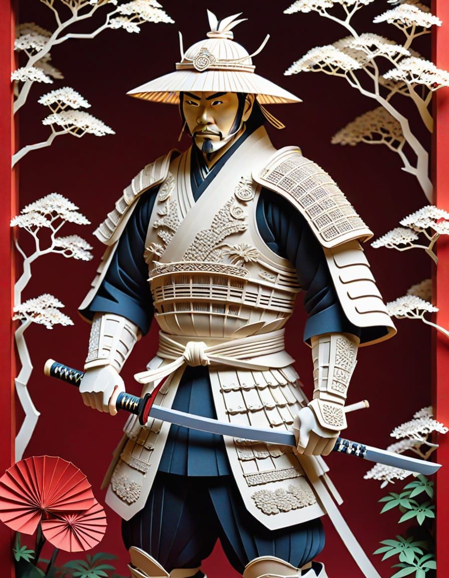 Intricate Kirigami Samurai in Japanese Garden