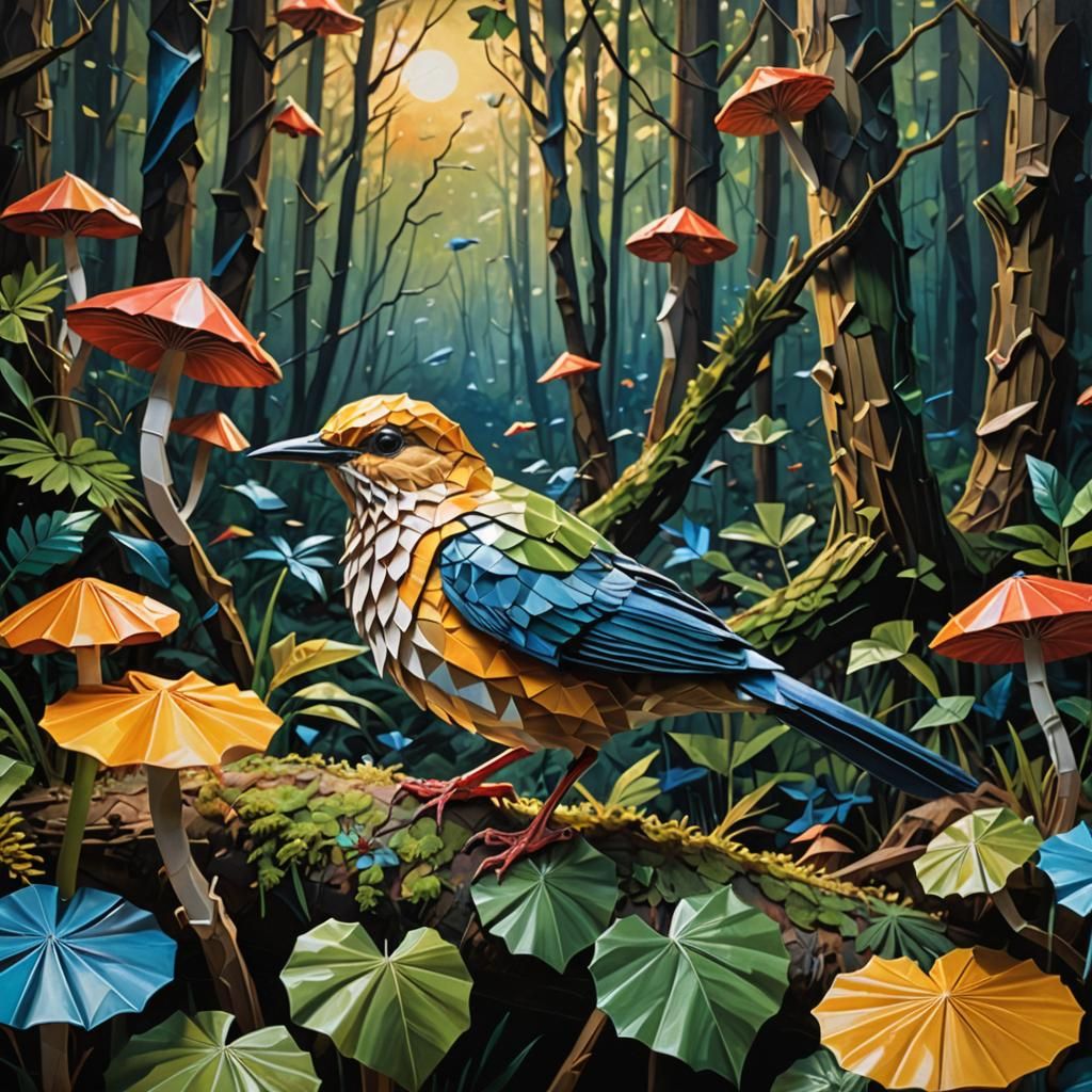 Origami Bird in Dark Forest Oil Painting