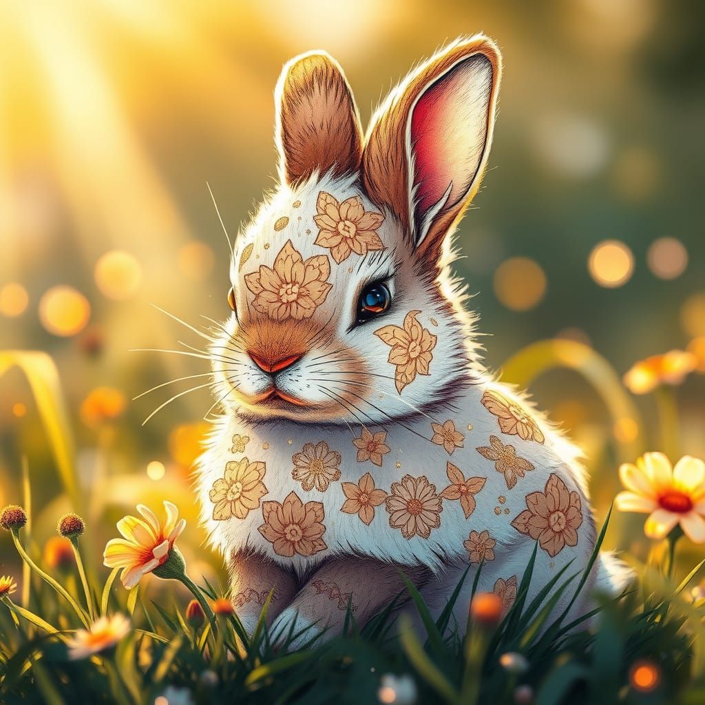 Floral Bunny in Sun-Drenched Meadow: Impressionist Alcohol I...