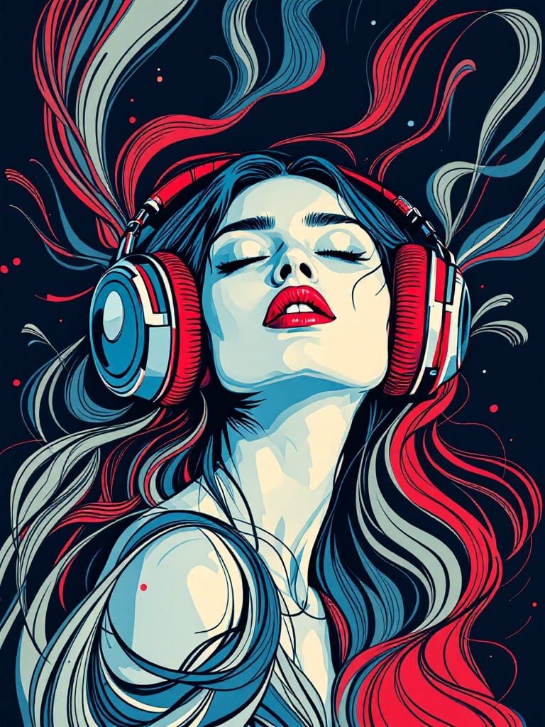 Graphic Portrait of a Music Lover in Deep Concentration