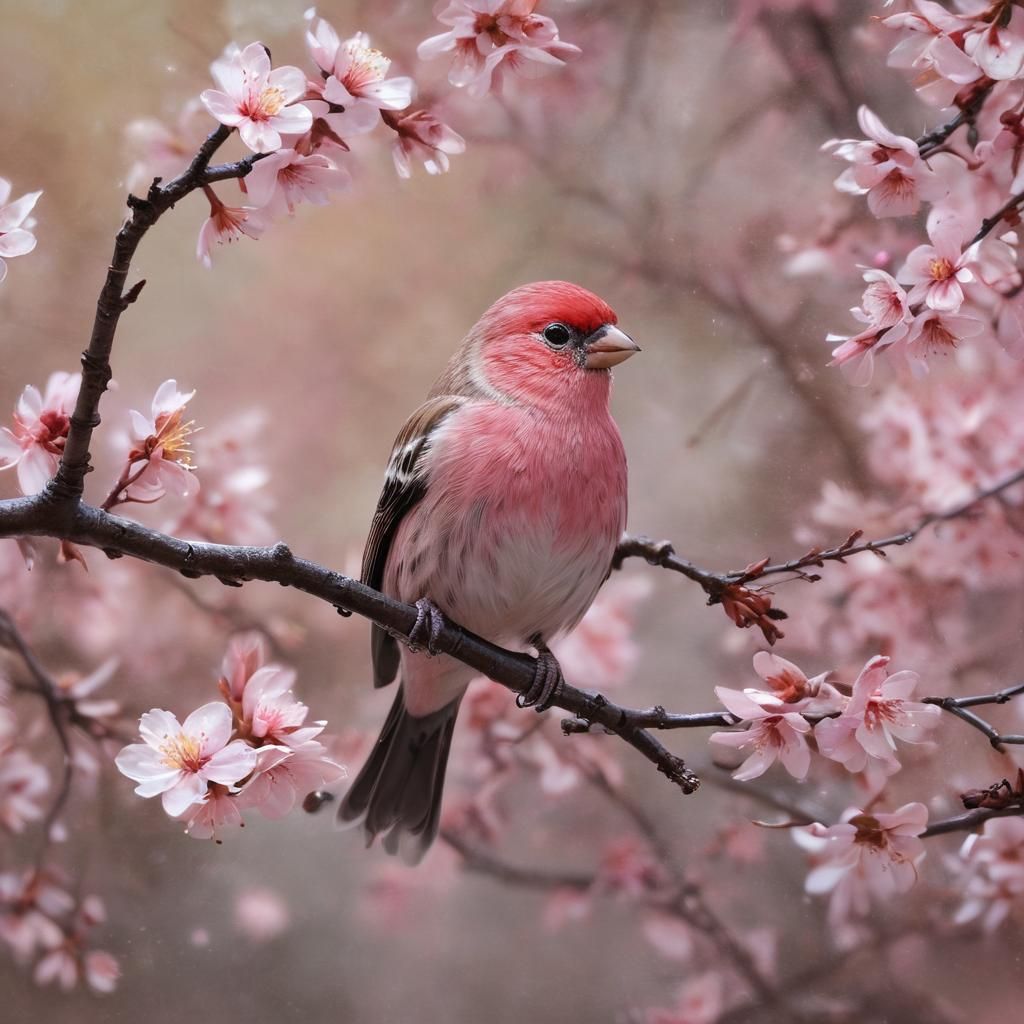 Rosefinch in Sakura Tree, Alkyd Palette Knife Art