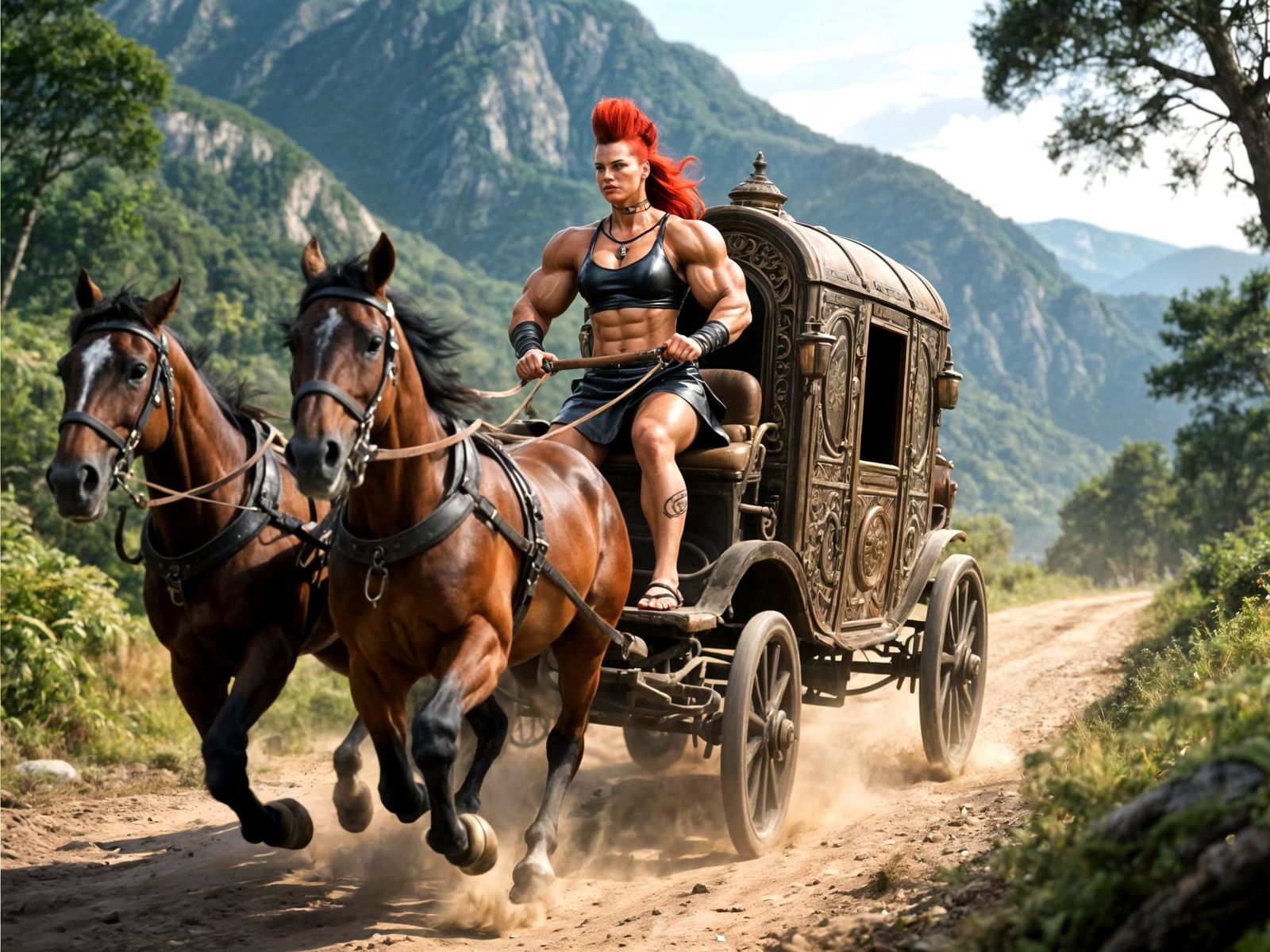 Muscular Amazonian Warrior Driving Fast Carriage on Mountain...
