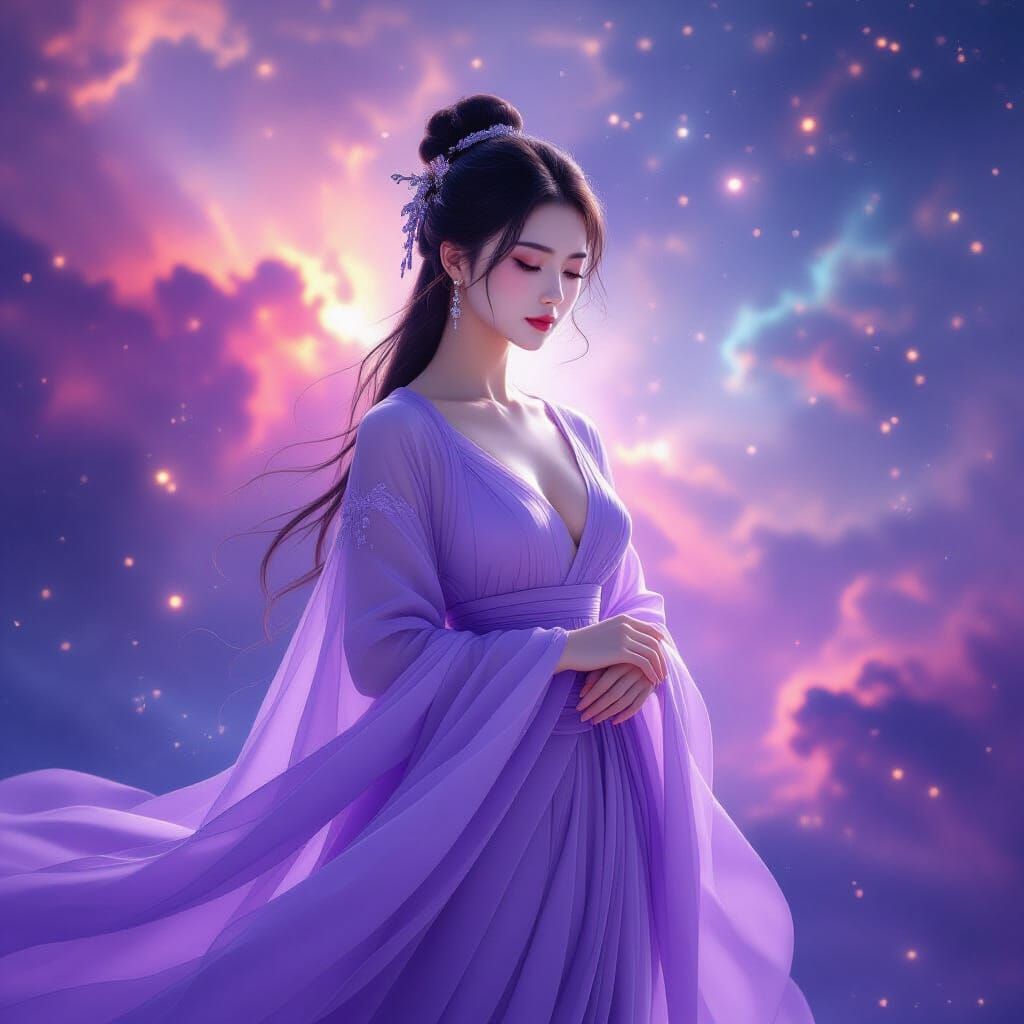 Celestial Contemplation: Serene Woman Amidst Cosmic Nebula