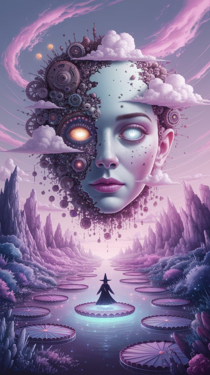 Surreal Alien Landscape with Floating Face, Watercolor Art