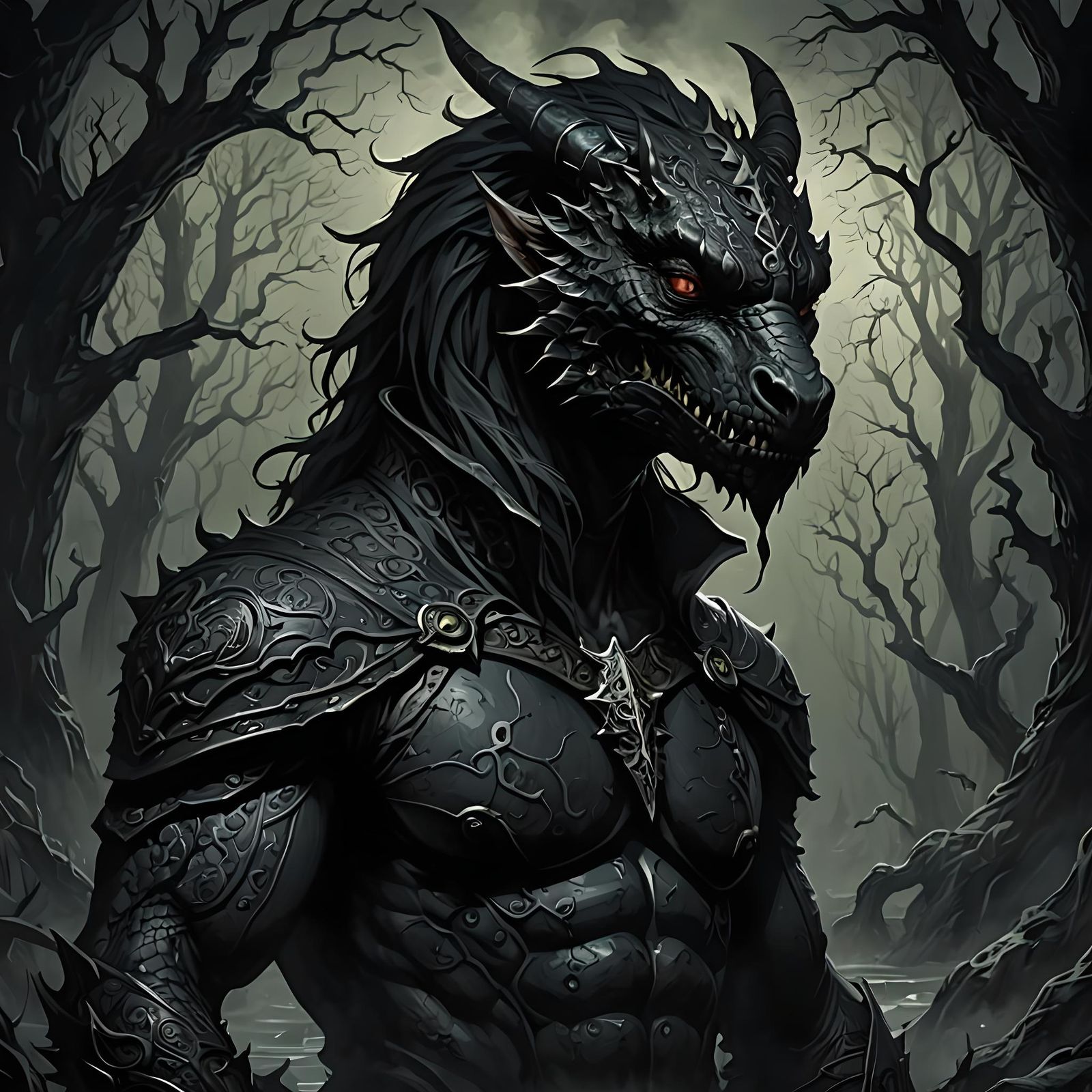 Dark Lizardman in Moody Fantasy Art Style