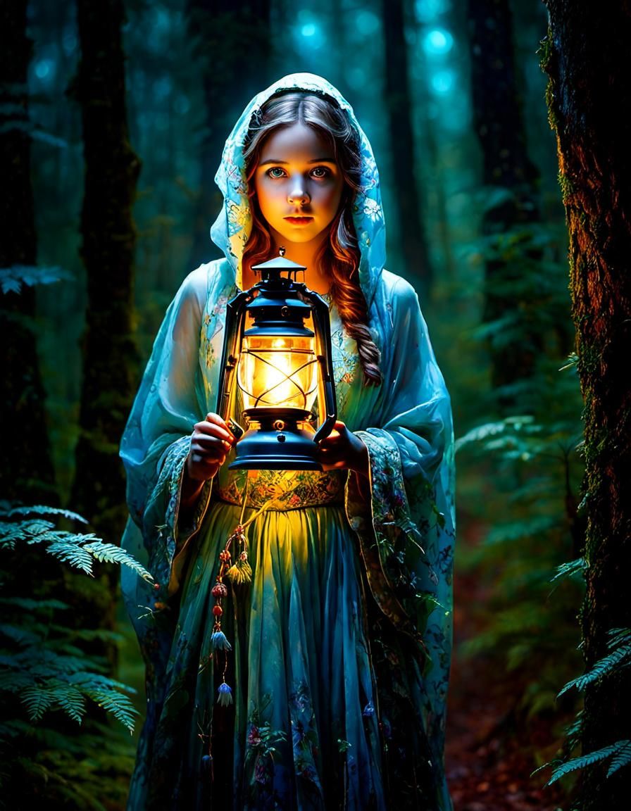 Lantern Light Guides Woman Through Dark Forest