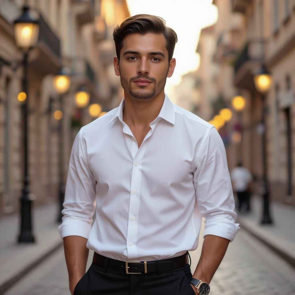 Young Man in White Shirt Poses in Scenic City