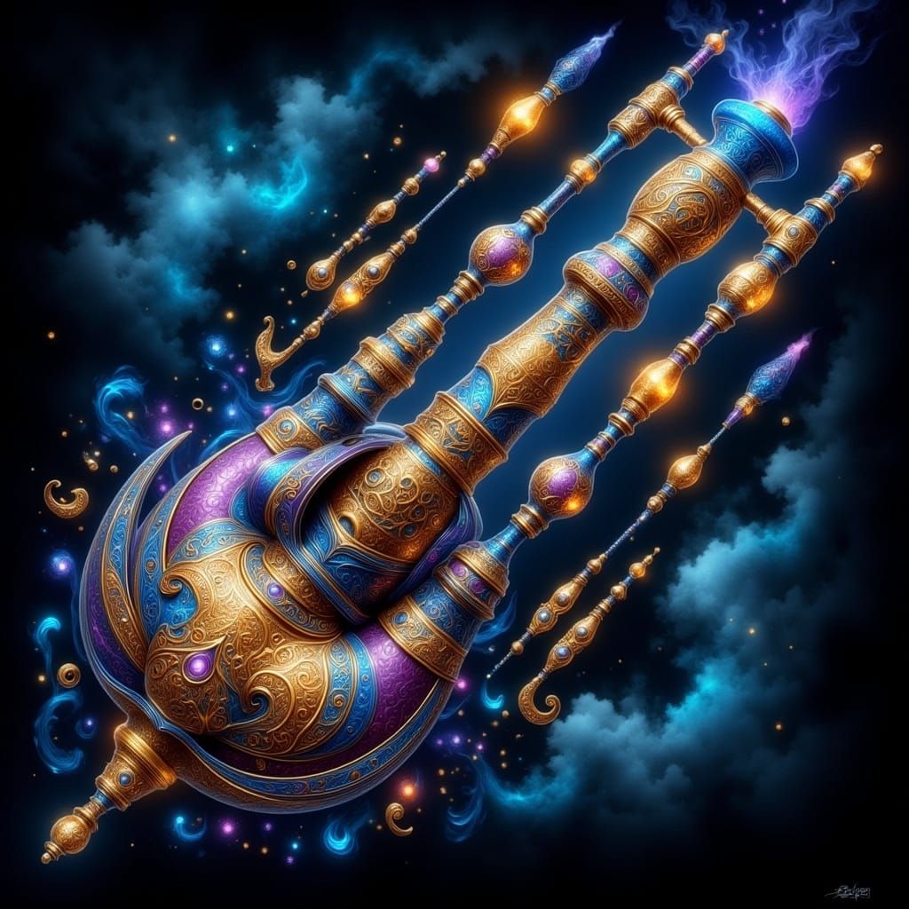 Surreal Fantasy Landscape with Intricately Detailed Bagpipes...