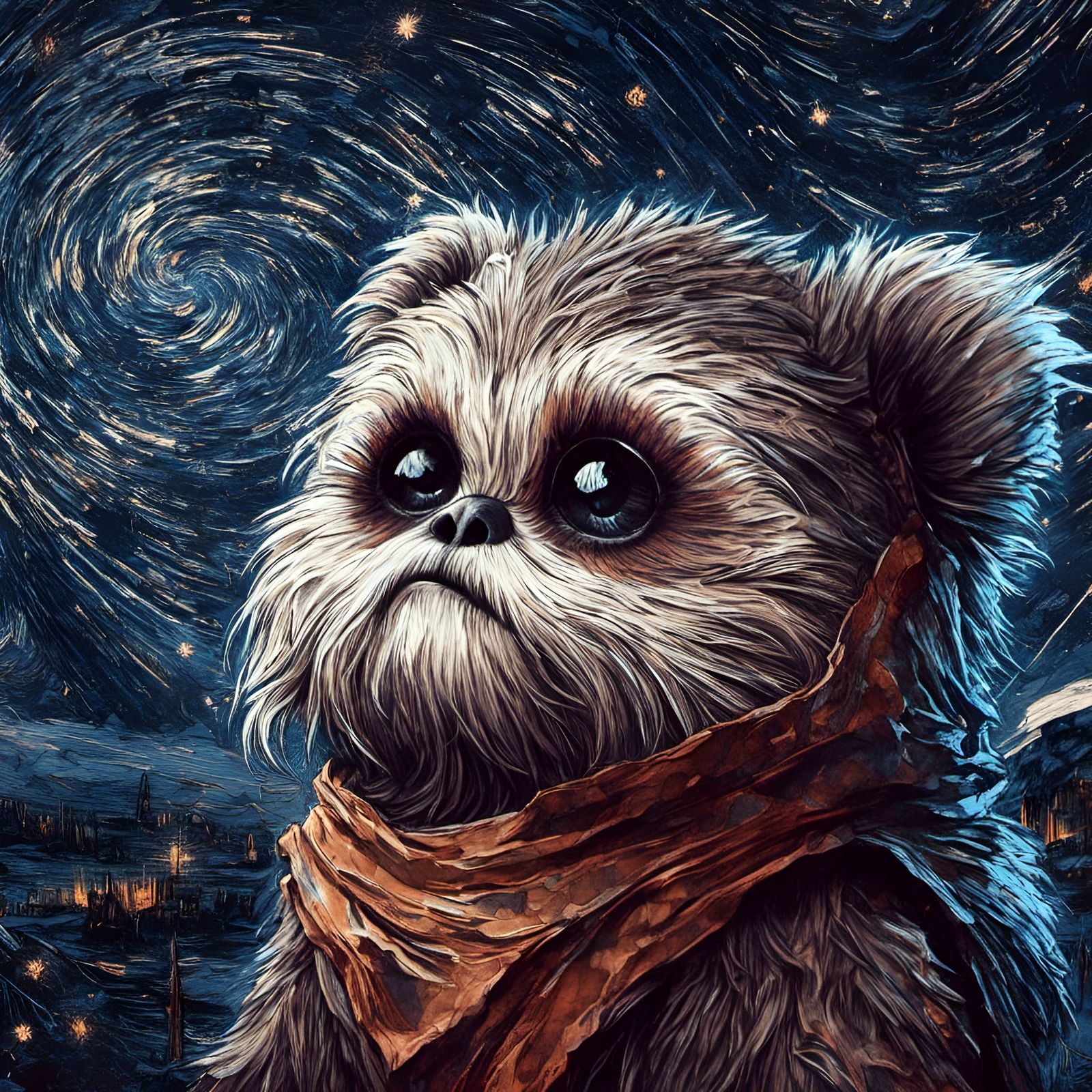 Chibi Ewok Under Starry Sky in Mixed Media Style
