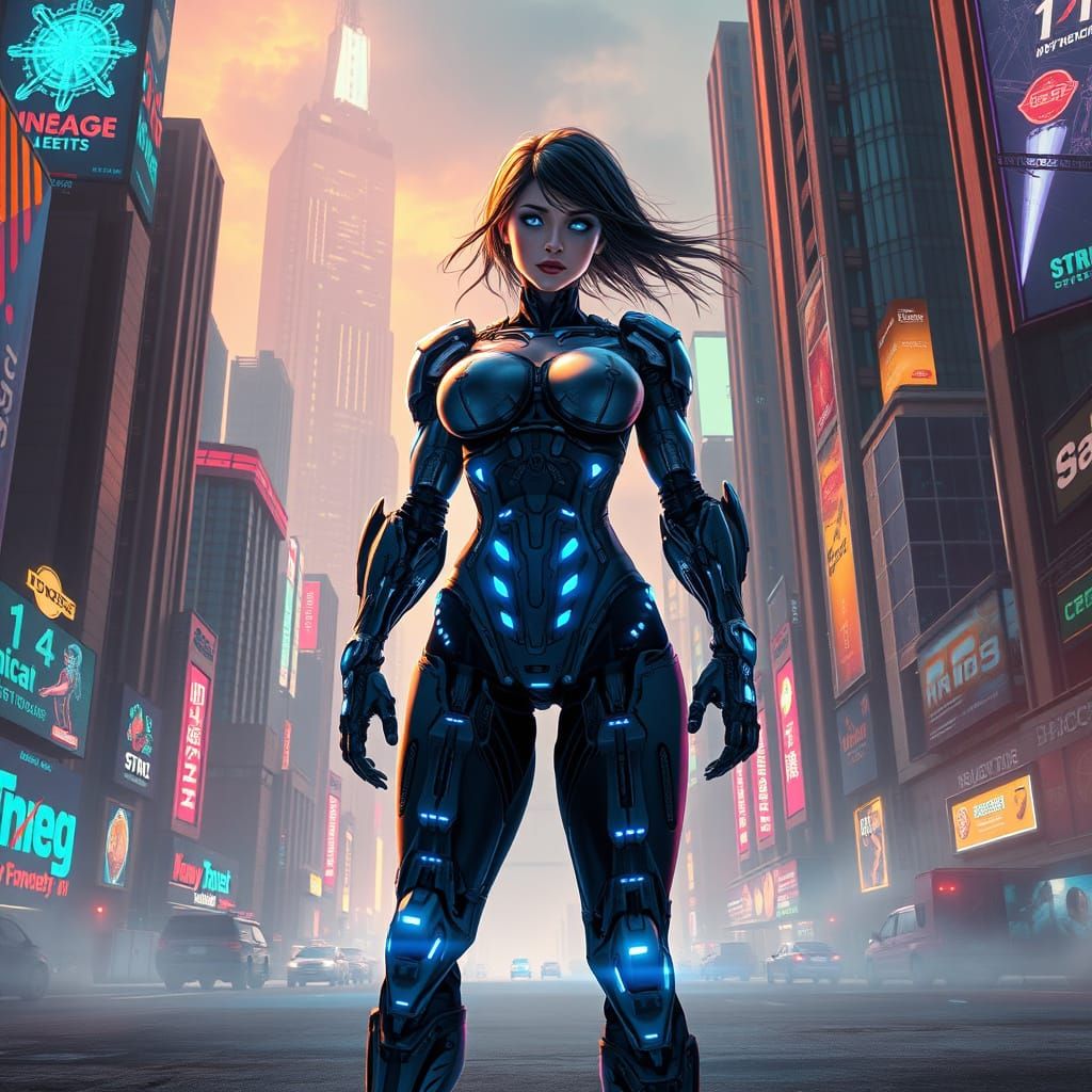 Heroic Cyborg Woman in Neon-Lit Cityscape
