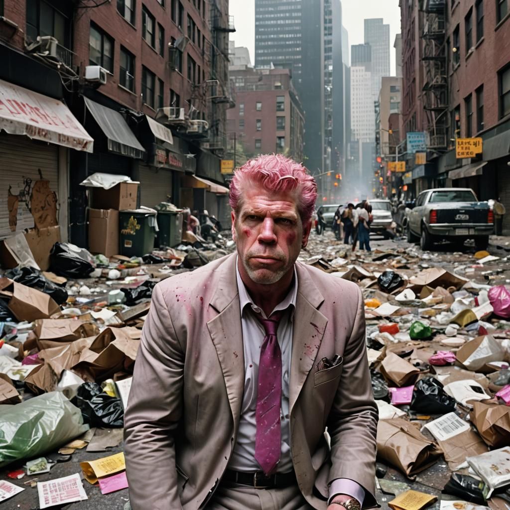 Homeless Ron Perlman in a Dystopian Cityscape