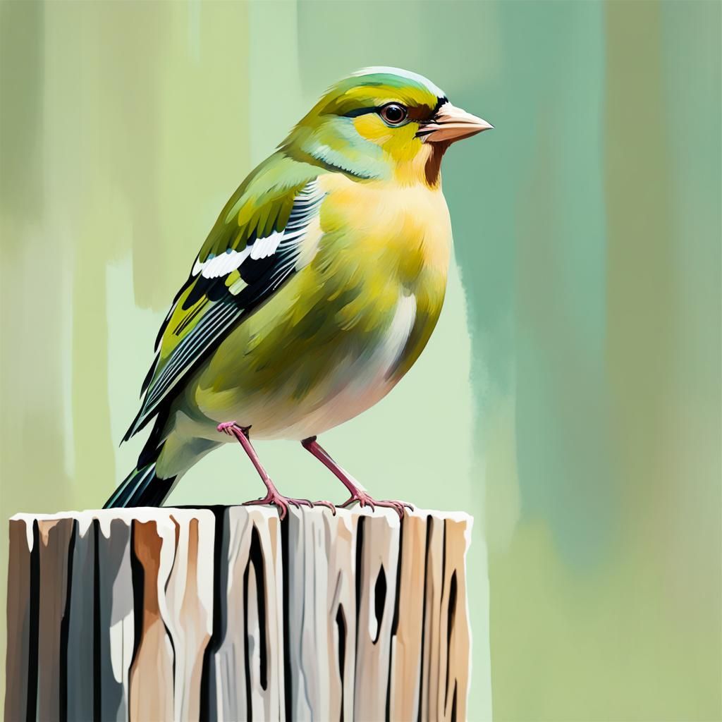 Green Chaffinch in Gouache Watercolor Style