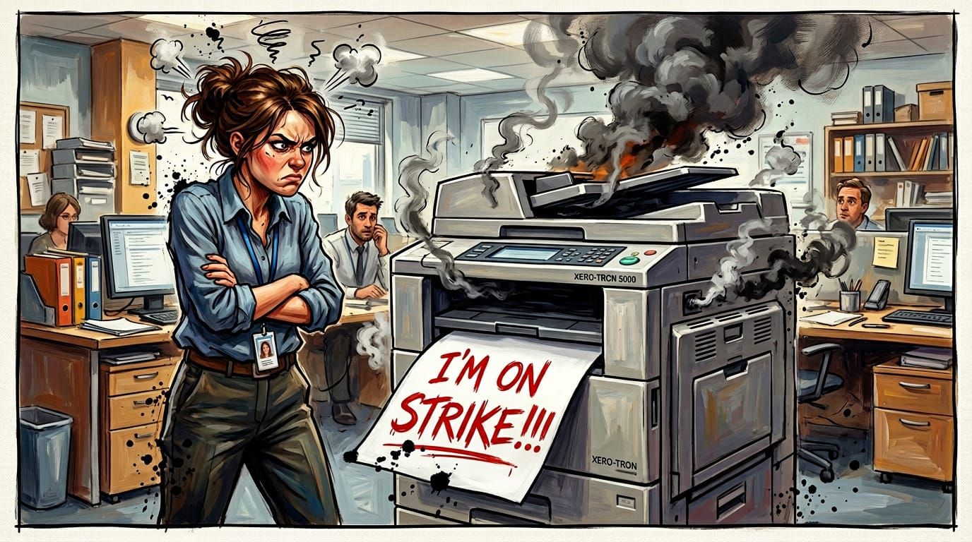 Office Copier Strike: Funny Oil Painting
