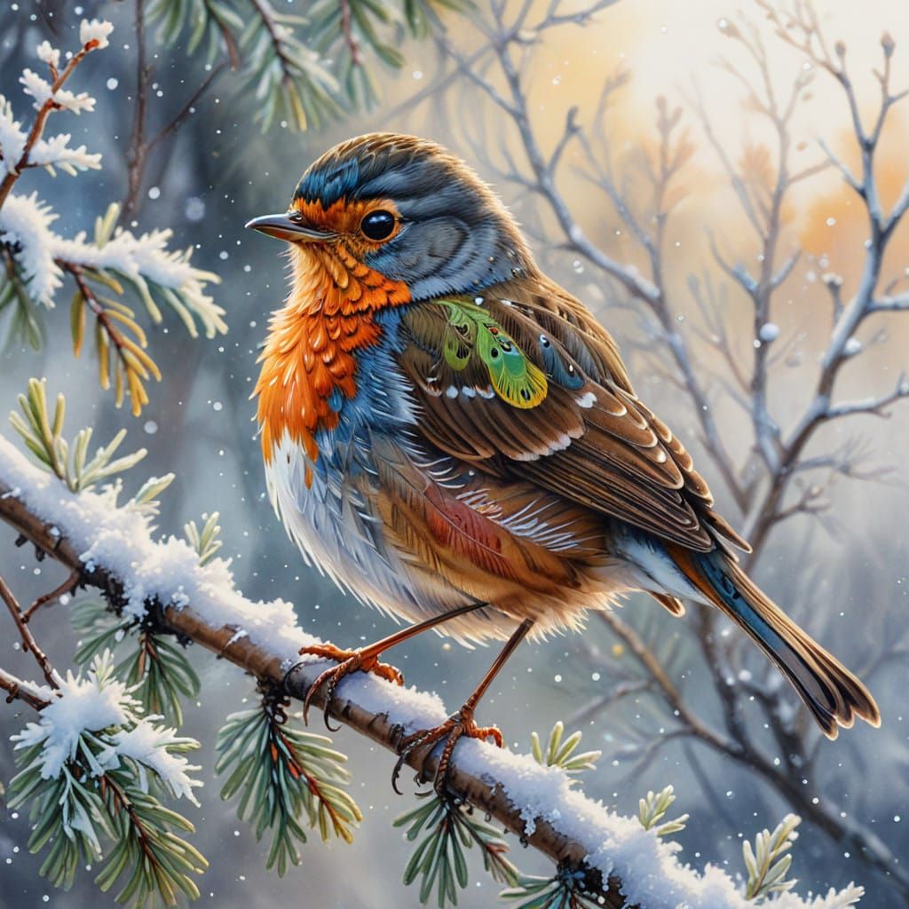 Vibrant European Robin in a Solar Punk Landscape