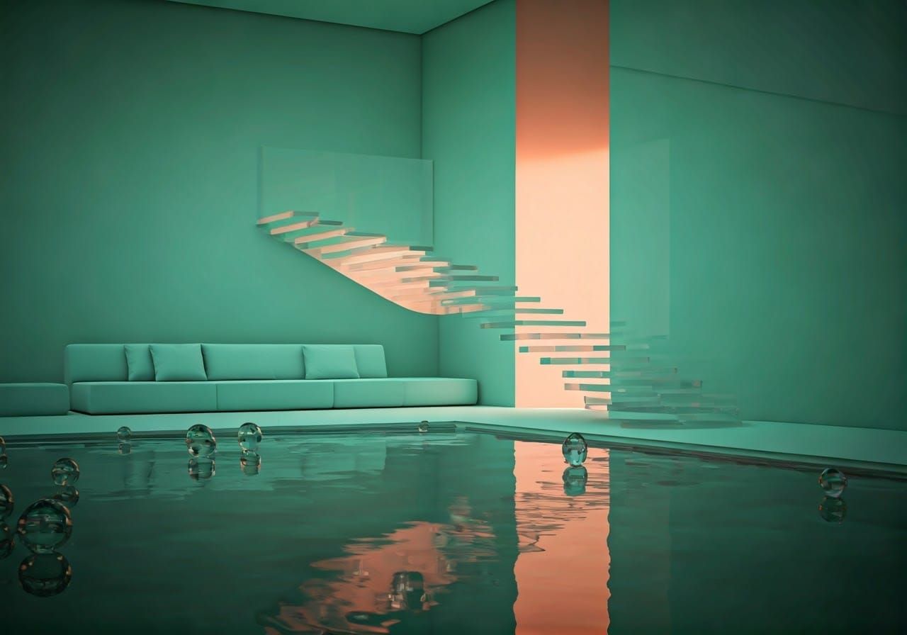 Space Age Living Room in Aqua and Pink